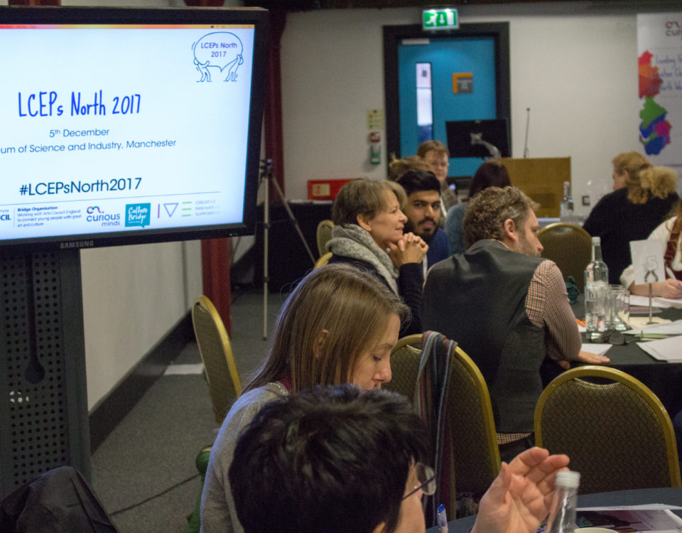 A diverse room of people sat at tables discussing creative ideas. There is a monitor with the writing: "LCEPs North 2017" with the logos of several arts organisations such as Curious Minds and the Arts Council England.