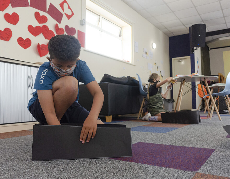 Young Bubble Up participants in Claremont make a camera obscura during summer 2020