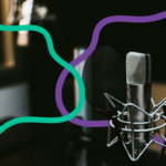 A mic stand surrounded by colourful squiggles.